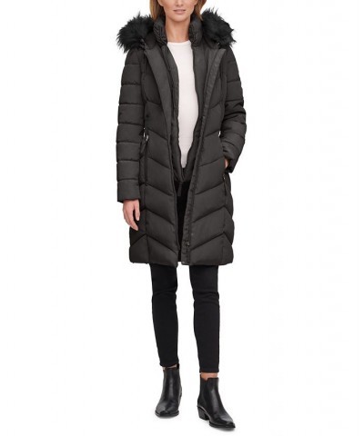 Women's Faux-Fur-Trim-Hooded Puffer Coat Black $68.40 Coats