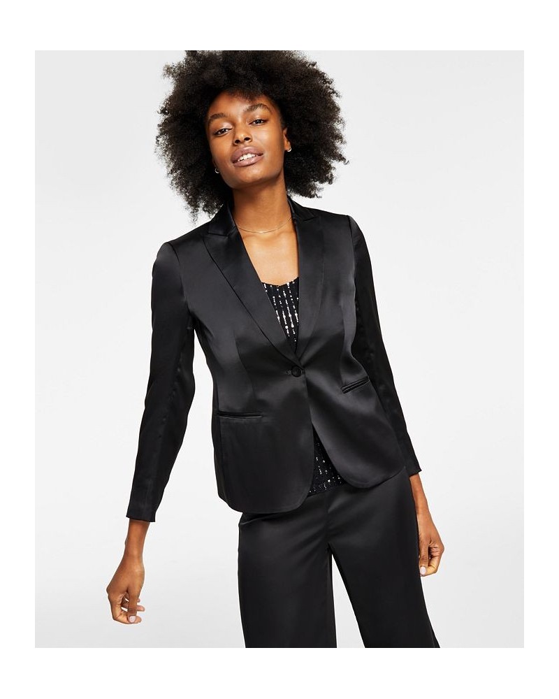 Women's Satin One-Button Peak-Lapel Jacket Black $40.16 Jackets