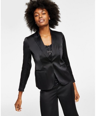 Women's Satin One-Button Peak-Lapel Jacket Black $40.16 Jackets