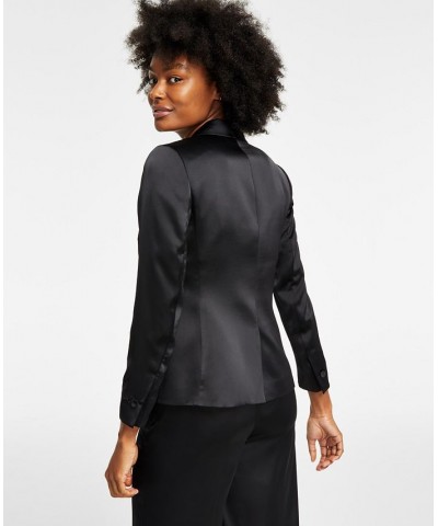 Women's Satin One-Button Peak-Lapel Jacket Black $40.16 Jackets