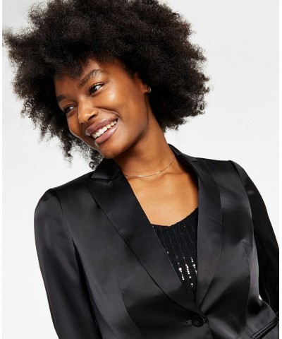 Women's Satin One-Button Peak-Lapel Jacket Black $40.16 Jackets