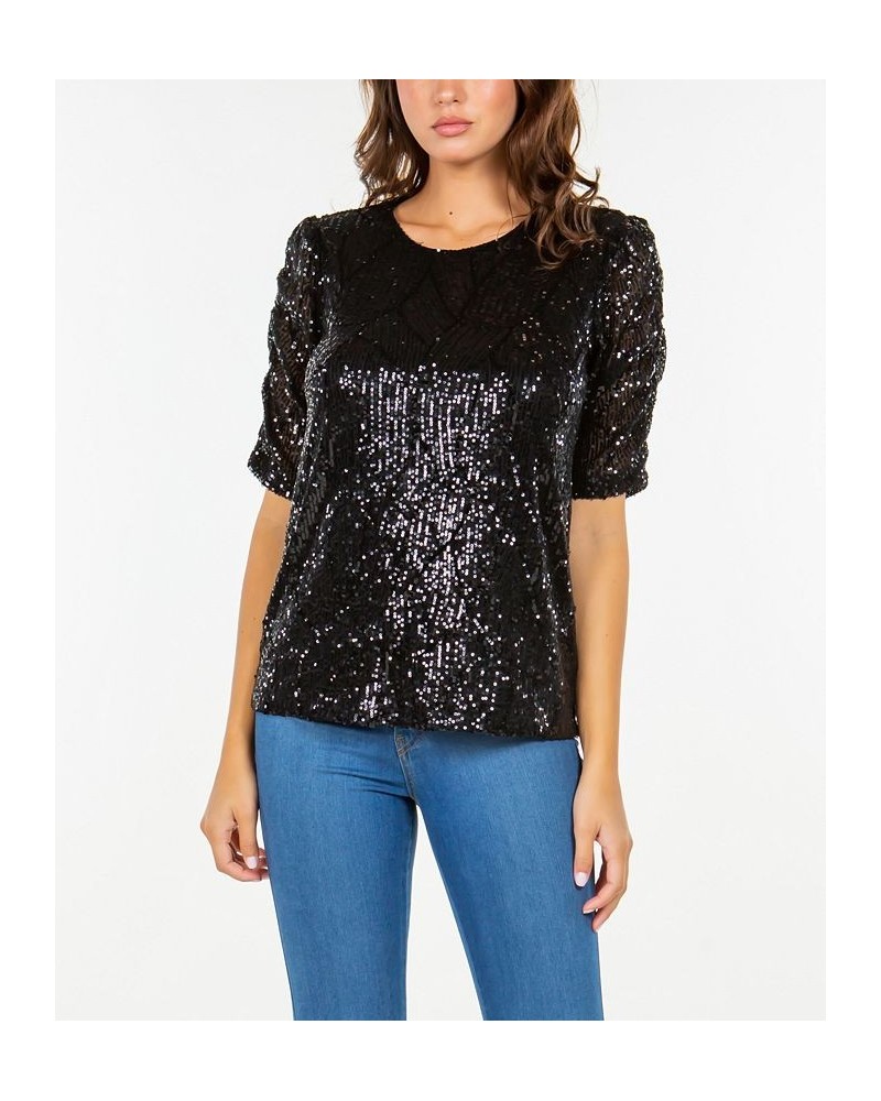 Women's Rouched Short Sleeve Sequin Top Black $41.34 Tops