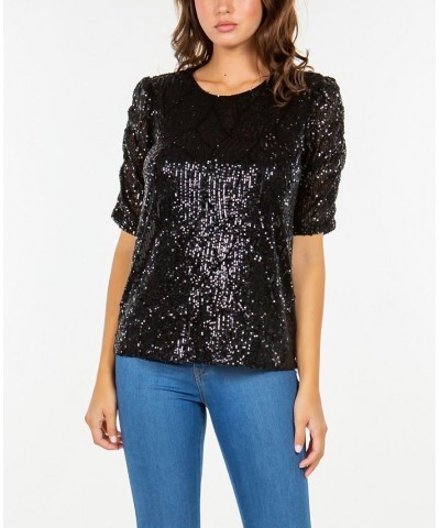 Women's Rouched Short Sleeve Sequin Top Black $41.34 Tops