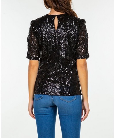 Women's Rouched Short Sleeve Sequin Top Black $41.34 Tops