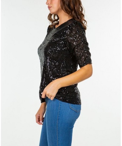 Women's Rouched Short Sleeve Sequin Top Black $41.34 Tops