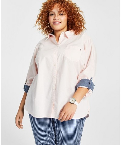 Plus Size Cotton Roll-Tab Shirt Ballet Pink $32.99 Tops