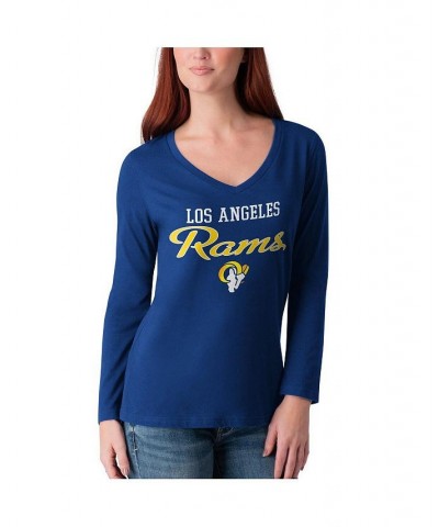 Women's Royal Los Angeles Rams Post Season Long Sleeve V-Neck T-shirt Blue $16.42 Tops