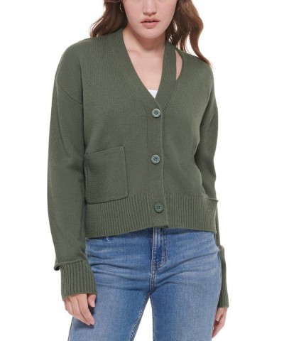 Women's Cutout V-Neck Cardigan Green $29.43 Sweaters