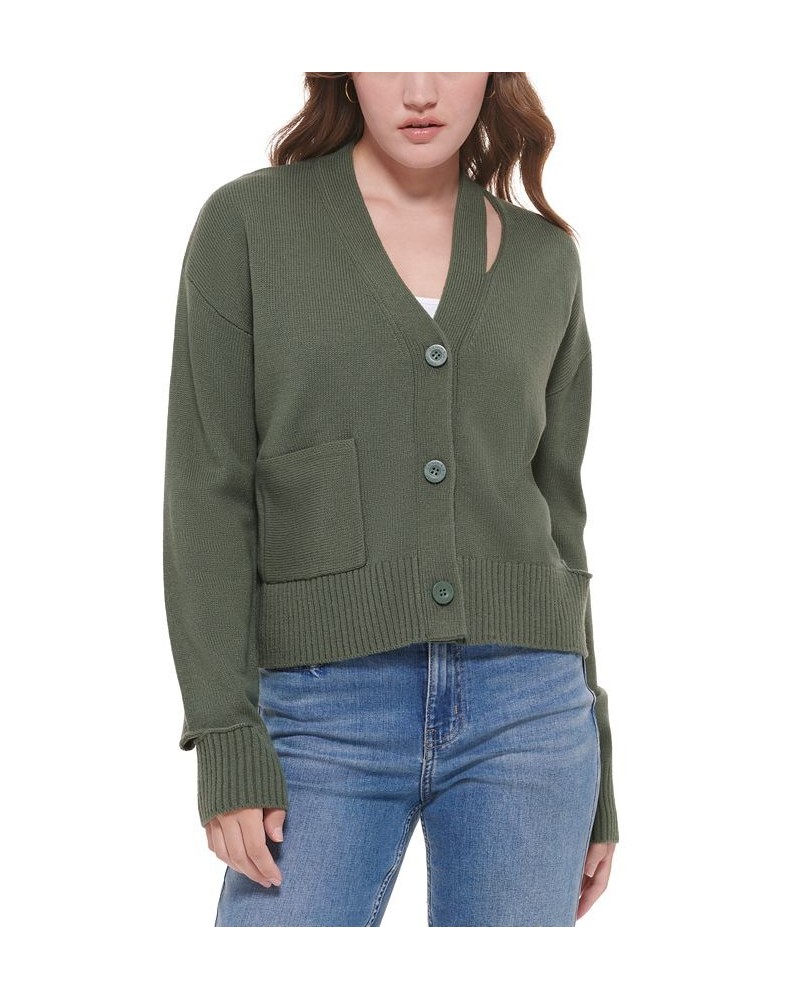 Women's Cutout V-Neck Cardigan Green $29.43 Sweaters