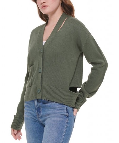 Women's Cutout V-Neck Cardigan Green $29.43 Sweaters