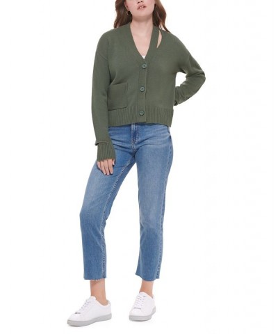 Women's Cutout V-Neck Cardigan Green $29.43 Sweaters