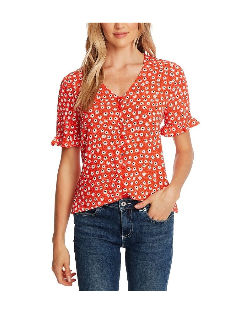 Women's Daisy Melody Ruffle Short Sleeve Blouse Red $19.18 Tops