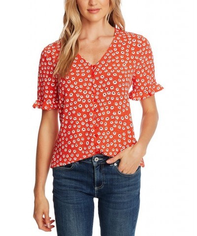 Women's Daisy Melody Ruffle Short Sleeve Blouse Red $19.18 Tops