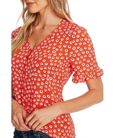 Women's Daisy Melody Ruffle Short Sleeve Blouse Red $19.18 Tops