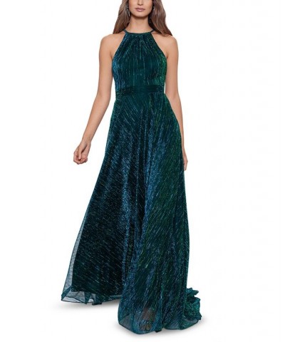 Women's Crinkled Metallic Halter Gown Jade $125.55 Dresses