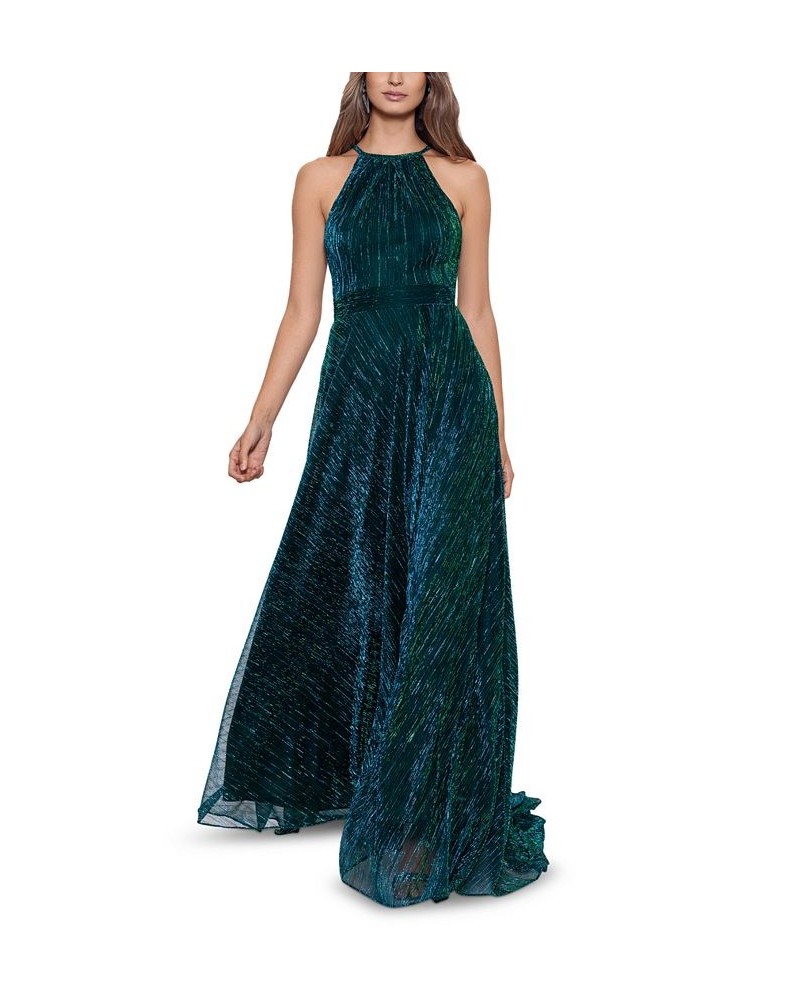 Women's Crinkled Metallic Halter Gown Jade $125.55 Dresses