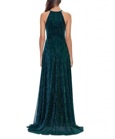 Women's Crinkled Metallic Halter Gown Jade $125.55 Dresses