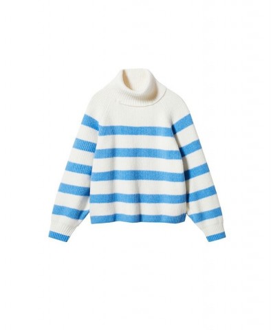 Women's Striped Turtleneck Sweater Blue $35.00 Sweaters