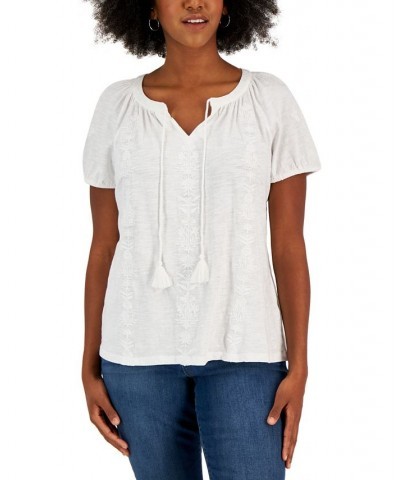 Women's Cotton Embroidered Peasant Top Bright White $29.75 Tops