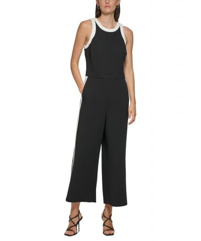 Women's Sleeveless Contrast-Trim Jumpsuit Black/Soft White $72.24 Pants