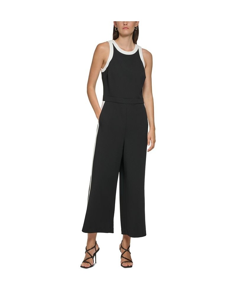 Women's Sleeveless Contrast-Trim Jumpsuit Black/Soft White $72.24 Pants