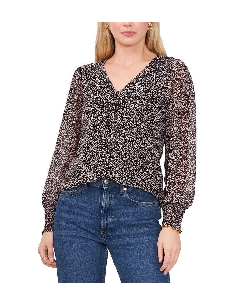 Women's Leopard-Print V-Neck Smocked-Shoulder Top Black & Taupe $35.19 Tops