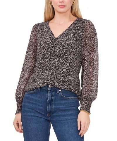 Women's Leopard-Print V-Neck Smocked-Shoulder Top Black & Taupe $35.19 Tops