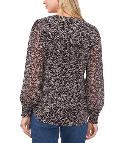 Women's Leopard-Print V-Neck Smocked-Shoulder Top Black & Taupe $35.19 Tops