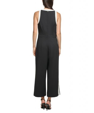 Women's Sleeveless Contrast-Trim Jumpsuit Black/Soft White $72.24 Pants