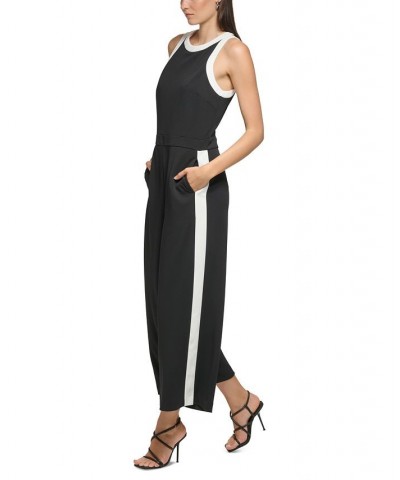 Women's Sleeveless Contrast-Trim Jumpsuit Black/Soft White $72.24 Pants