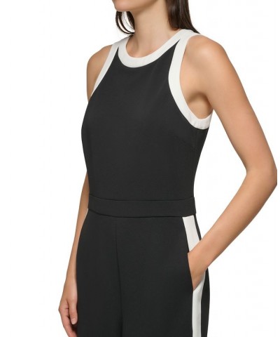 Women's Sleeveless Contrast-Trim Jumpsuit Black/Soft White $72.24 Pants