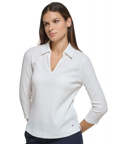 Women's Crinkled Johnny Collar 3/4-Sleeve Top Ivory $36.34 Tops