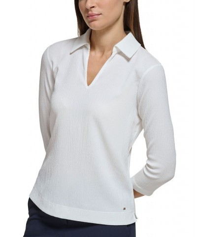 Women's Crinkled Johnny Collar 3/4-Sleeve Top Ivory $36.34 Tops