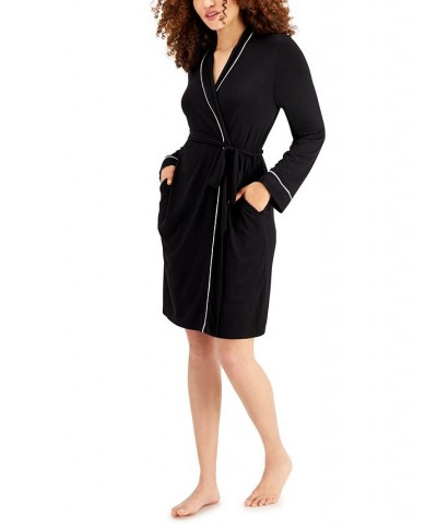 Women's Contrast Trim Short Robe Black $13.71 Sleepwear