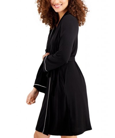 Women's Contrast Trim Short Robe Black $13.71 Sleepwear