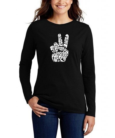 Women's Long Sleeve Word Art Peace Out T-shirt Black $16.65 Tops