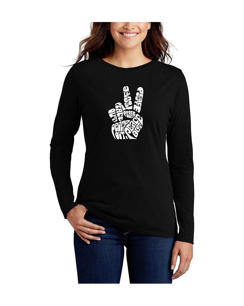 Women's Long Sleeve Word Art Peace Out T-shirt Black $16.65 Tops