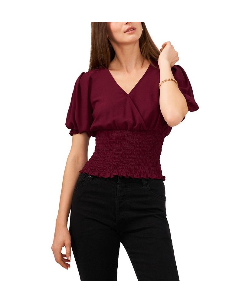 Women's V-Neck Smocked Waist Puff Sleeve Blouse Windsor Wine $38.27 Tops