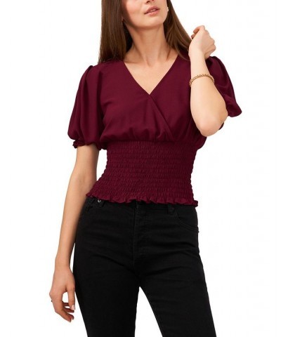 Women's V-Neck Smocked Waist Puff Sleeve Blouse Windsor Wine $38.27 Tops