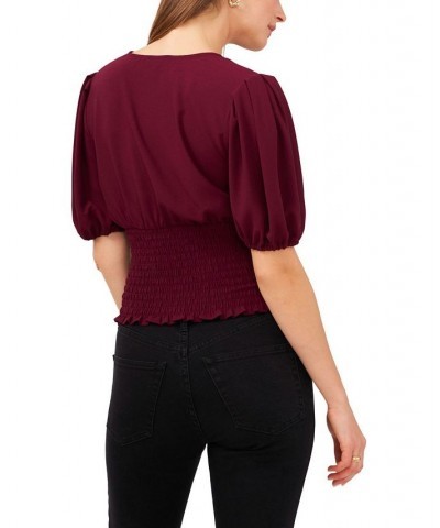 Women's V-Neck Smocked Waist Puff Sleeve Blouse Windsor Wine $38.27 Tops