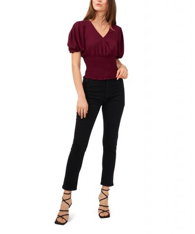 Women's V-Neck Smocked Waist Puff Sleeve Blouse Windsor Wine $38.27 Tops