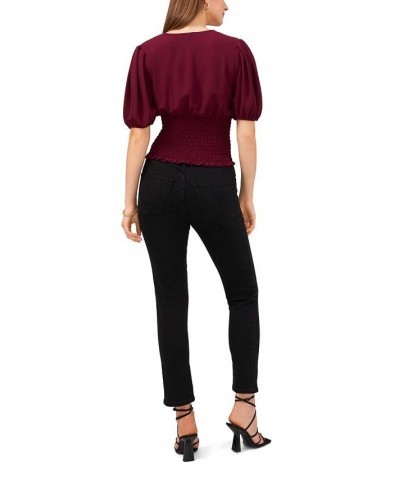 Women's V-Neck Smocked Waist Puff Sleeve Blouse Windsor Wine $38.27 Tops