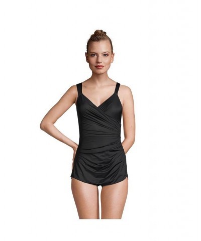 Women's Long SlenderSuit V-Neck Tummy Control Skirted One Piece Swimsuit Black $77.48 Swimsuits