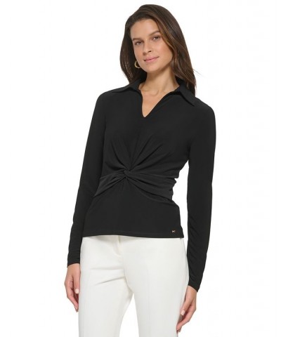 Women's Collared V-Neck Knot Top Black $24.35 Tops