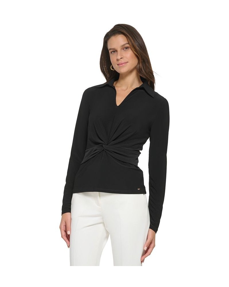 Women's Collared V-Neck Knot Top Black $24.35 Tops