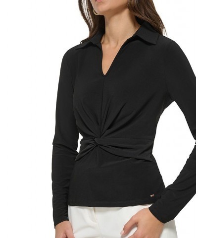 Women's Collared V-Neck Knot Top Black $24.35 Tops