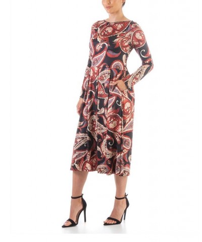 Women's Long Sleeve Pleated Pocket Midi Dress Red, Black Multi $23.20 Dresses