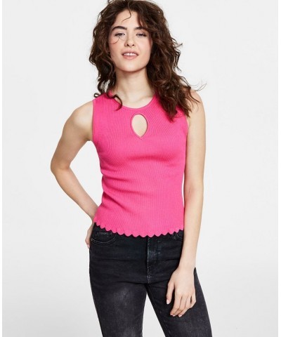 Women's Sleeveless Ribbed Cropped Keyhole-Cutout Sweater Pink $21.83 Tops