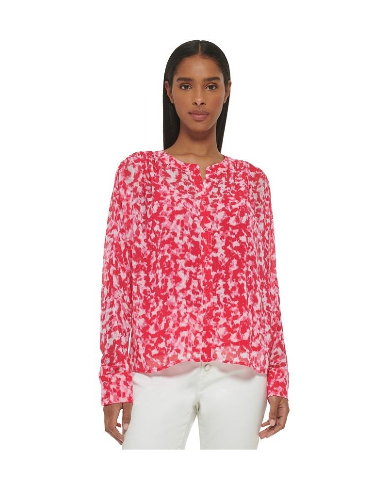 Long Sleeve Printed Chiffon Button Front Blouse Rosebud Combo $43.78 Tops