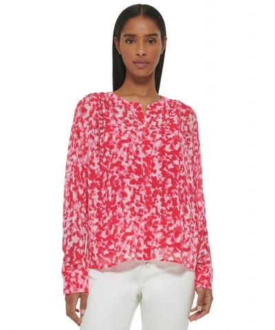 Long Sleeve Printed Chiffon Button Front Blouse Rosebud Combo $43.78 Tops